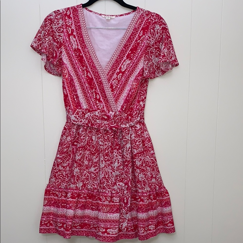 Francesca's Miami Dress Size XXS Red Pink Cream Crossover Front, Ruffle Hem